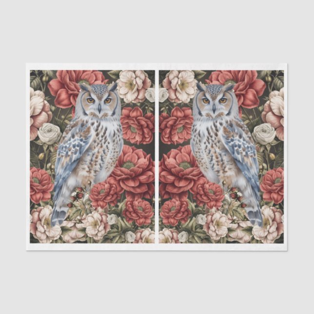  Elegant Floral Owl Decoupage Tissue Paper (Front)