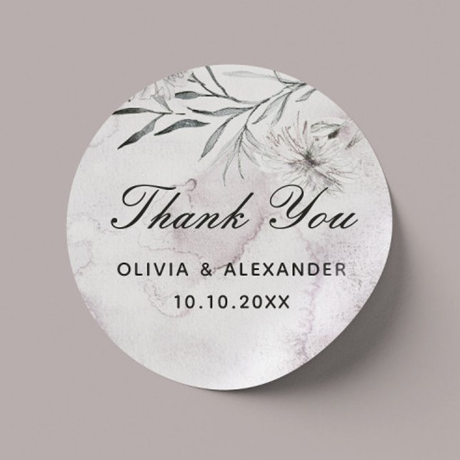 Elegant floral pale dusty purple wedding thank you classic round sticker (Creator Uploaded)