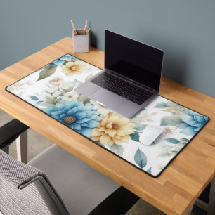 Elegant Floral Pastel Blue and Yellow on White Desk Mat