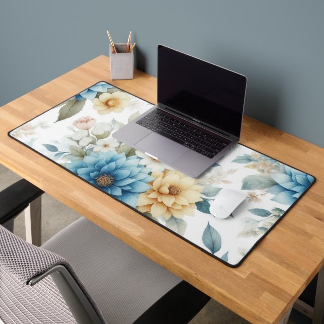 Elegant Floral Pastel Blue and Yellow on White  Desk Mat (Office 2)