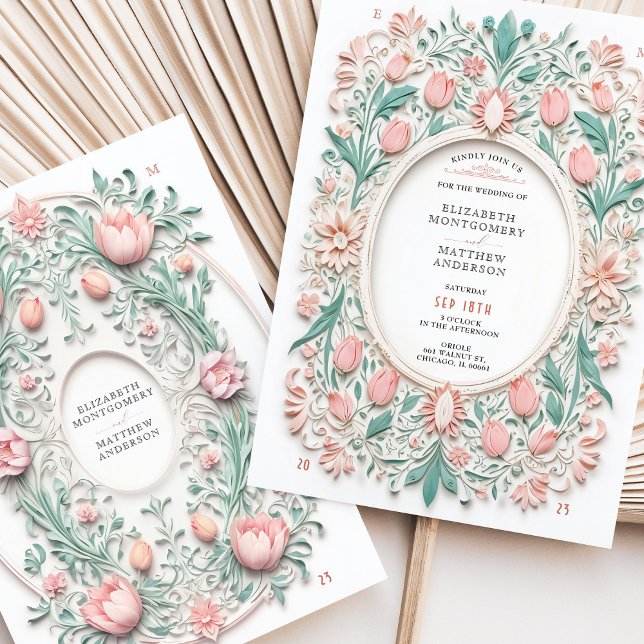 Elegant Floral Pastel Faux Papercut Wedding Invitation (Creator Uploaded)