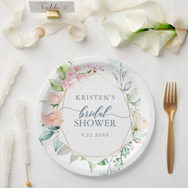 Elegant Floral Pastel Watercolor Geometric Wedding Paper Plate (Wedding)