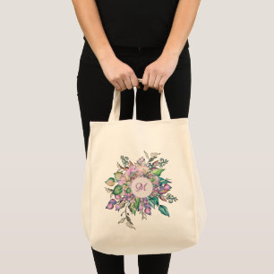 Elegant Floral Pastel Watercolor Monogram Tote Bag