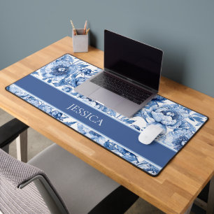 Elegant Floral Pattern Blue and White Chinoiserie Desk Mat