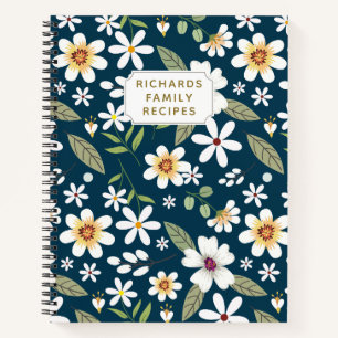 Elegant Floral Pattern Blue Navy Family Recipe Notebook