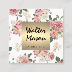 Elegant Floral Pattern Gold Trim Square Business Card