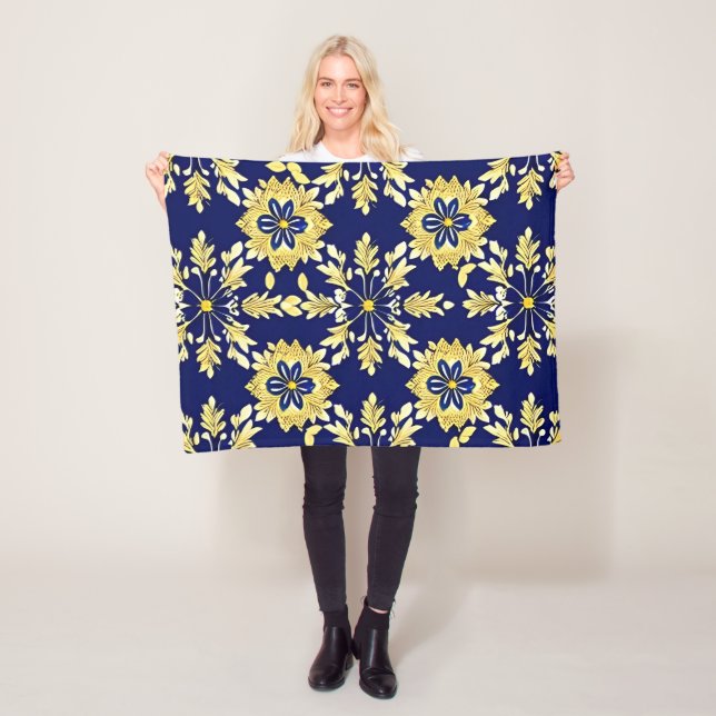 Elegant Floral Pattern in Gold and Blue Fleece Blanket (In Situ)