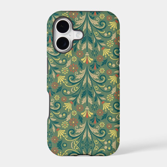 Elegant Floral Pattern in Yellow and Red on Green (Back)