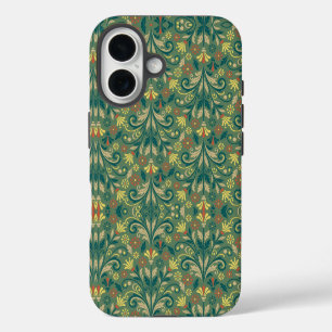 Elegant Floral Pattern in Yellow and Red on Green iPhone 16 Case