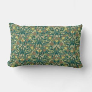 Elegant Floral Pattern in Yellow and Red on Green Lumbar Cushion