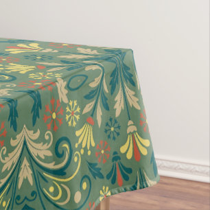 Elegant Floral Pattern in Yellow and Red on Green Tablecloth