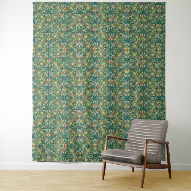 Elegant Floral Pattern in Yellow and Red on Green Tapestry (In Situ)