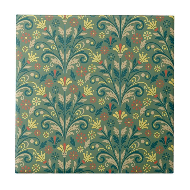 Elegant Floral Pattern in Yellow and Red on Green Tile (Front)