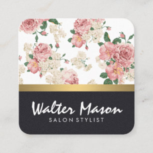 Elegant Floral Pattern Leather Gold Trim Square Business Card