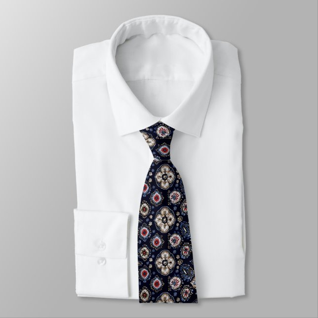 Elegant Floral Pattern Navy Blue Tie (Tied)