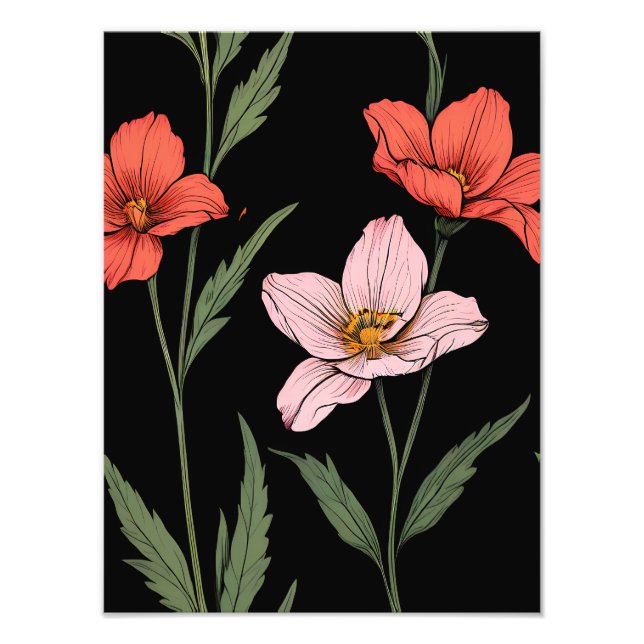  Elegant Floral Pattern on Black Background Photo Print (Front)
