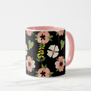 Elegant Floral Pattern on Black Chic Botanical Mug