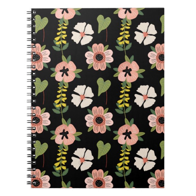 Elegant Floral Pattern on Black | Chic Botanical  Notebook (Front)
