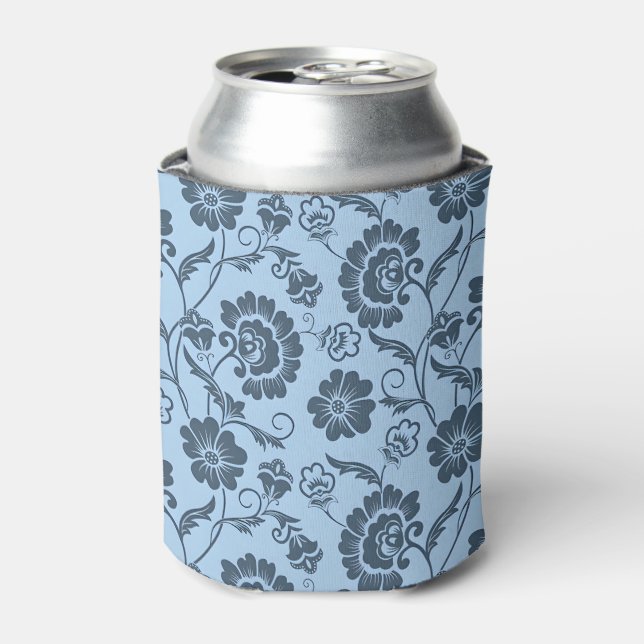 Elegant Floral Pattern on Light Blue Back Can Cooler (Can Front)