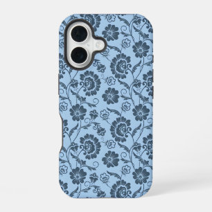 Elegant Floral Pattern on Light Blue Back iPhone 16 Case