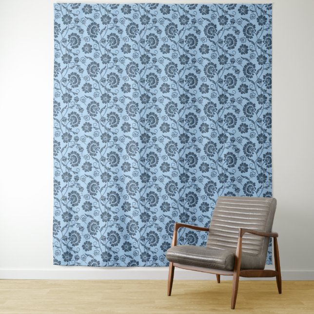 Elegant Floral Pattern on Light Blue Back Tapestry (In Situ)