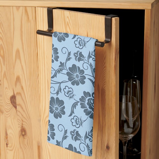 Elegant Floral Pattern on Light Blue Back Tea Towel (Thirds Fold)