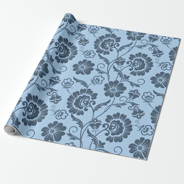 Elegant Floral Pattern on Light Blue Back Wrapping Paper (Unrolled)