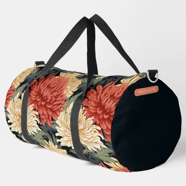 Elegant Floral Pattern Personalised Name Duffle Bag (Left Corner)