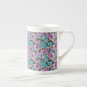 Elegant Floral Pattern Pink Purple Black Backgroun Bone China Mug