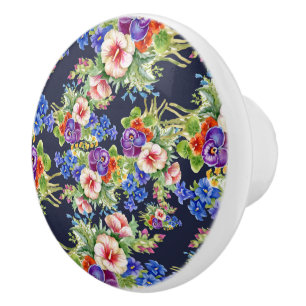 Elegant Floral Pattern Pink Yellow Blue Foliage Ceramic Knob