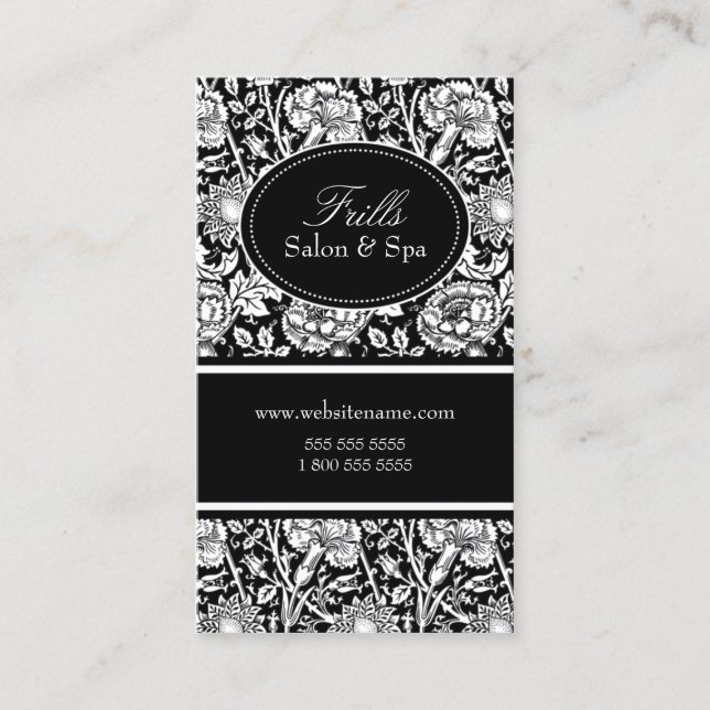 Elegant Floral Pattern Salon Black Appointment Card (Front)