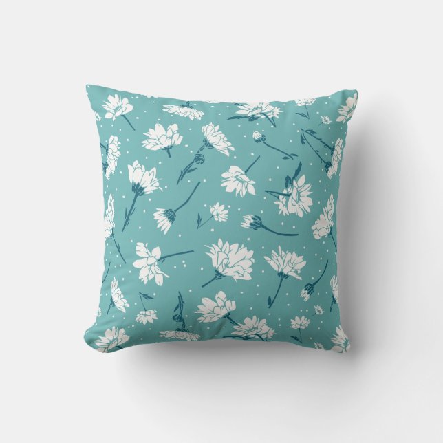 Elegant Floral Pattern - Teal & White Botanical Cushion (Front)