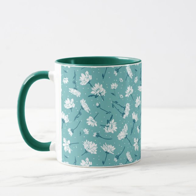 Elegant Floral Pattern - Teal & White Botanical Mug (Left)
