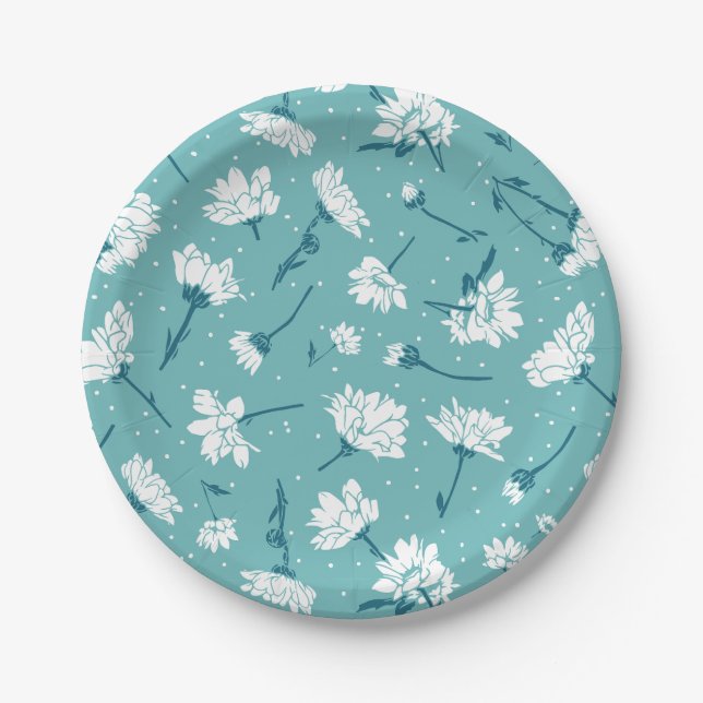 Elegant Floral Pattern - Teal & White Botanical Paper Plate (Front)