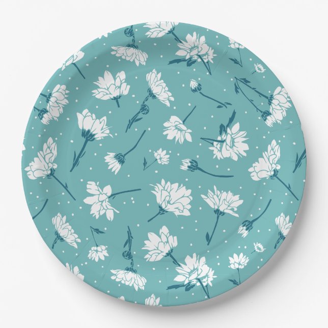 Elegant Floral Pattern - Teal & White Botanical Paper Plate (Front)