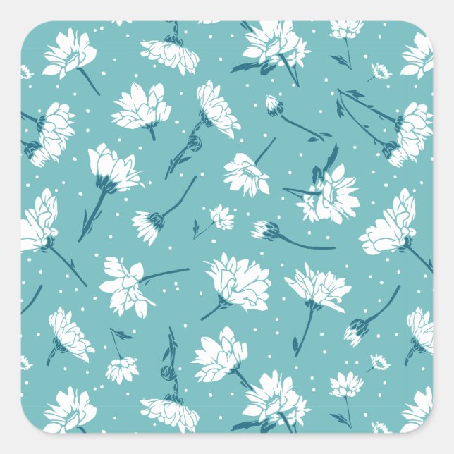 Elegant Floral Pattern - Teal & White Botanical Square Sticker (Front)