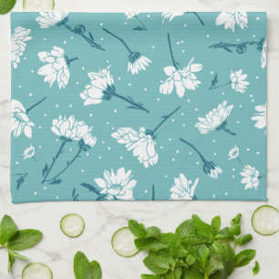 Elegant Floral Pattern - Teal & White Botanical Tea Towel