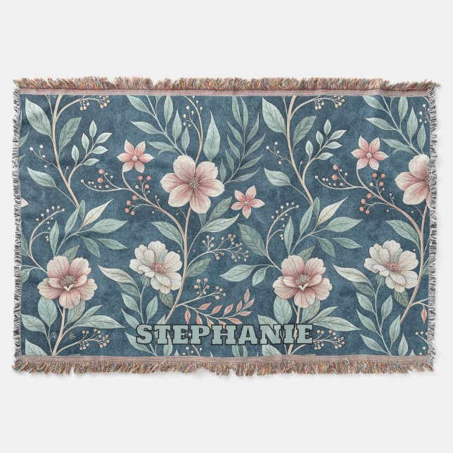 Elegant Floral Pattern with Pink & Cream Blossoms Throw Blanket (Front)