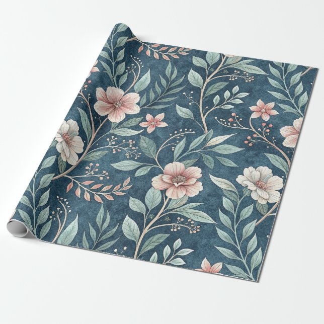 Elegant Floral Pattern with Pink & Cream Blossoms Wrapping Paper (Unrolled)