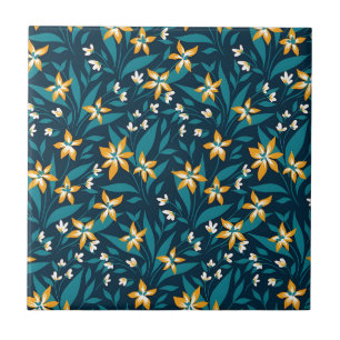 Elegant Floral Pattern with Red and Blue Leaves Ce Tile