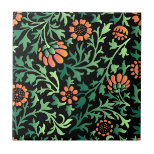 Elegant Floral Pattern with Red and Blue Leaves Ce Tile