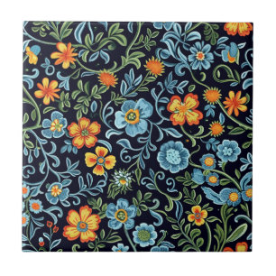 Elegant Floral Pattern with Red and Blue Leaves Ce Tile
