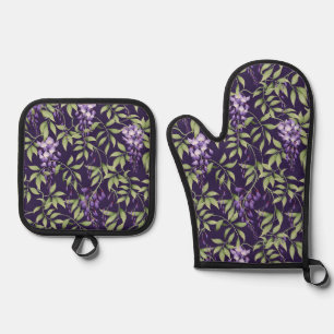 Elegant Floral Pattern with Red and Blue Leaves Ov Oven Mitt & Pot Holder Set
