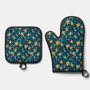 Elegant Floral Pattern with Red and Blue Leaves Ov Oven Mitt & Pot Holder Set