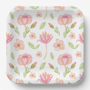 Elegant Floral Pattern with Red and Blue Leaves Pa Paper Plate