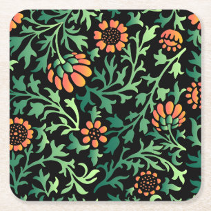 Elegant Floral Pattern with Red and Blue Leaves Sq Square Paper Coaster