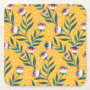 Elegant Floral Pattern with Red and Blue Leaves Sq Square Paper Coaster