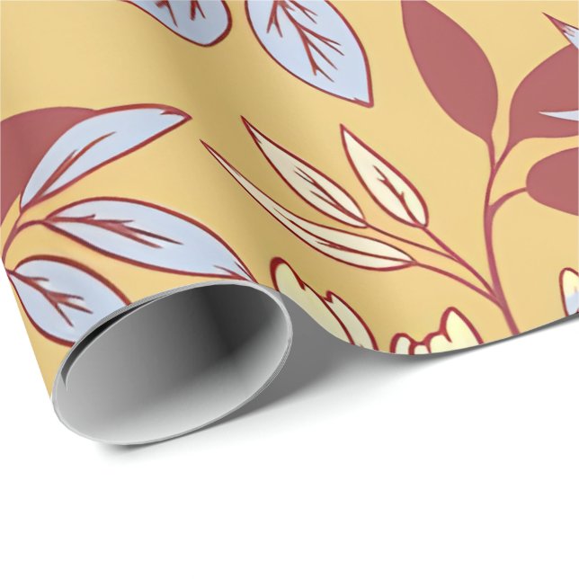 Elegant Floral Pattern with Red and Blue Leaves Wrapping Paper (Roll Corner)
