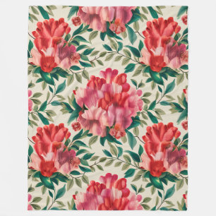 Elegant Floral Pattern with Red and Pink Flowers Fleece Blanket