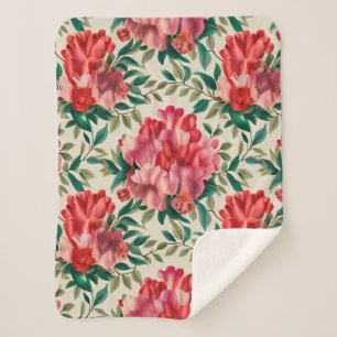 Elegant Floral Pattern with Red and Pink Flowers Sherpa Blanket